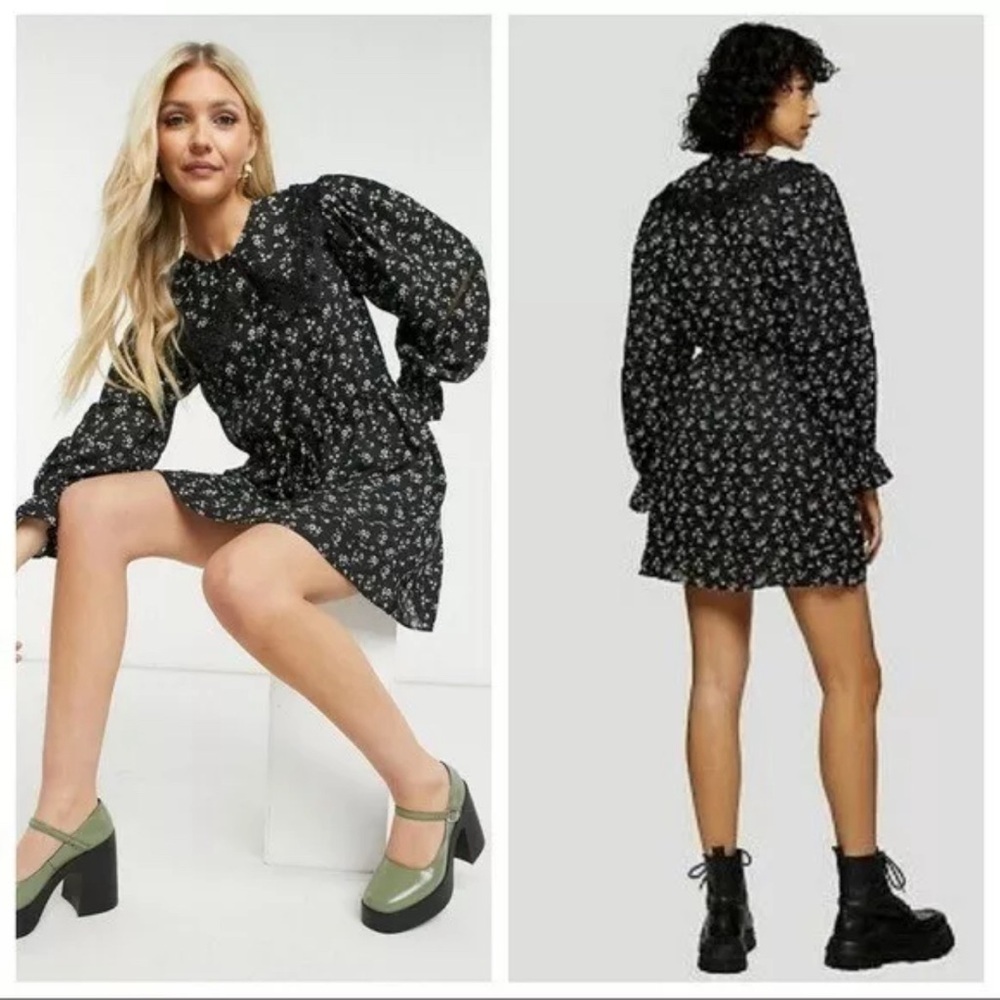Topshop Floral Mini Dress Long Sleeve Ruffles Crotchet Collar Black Women’s 8
